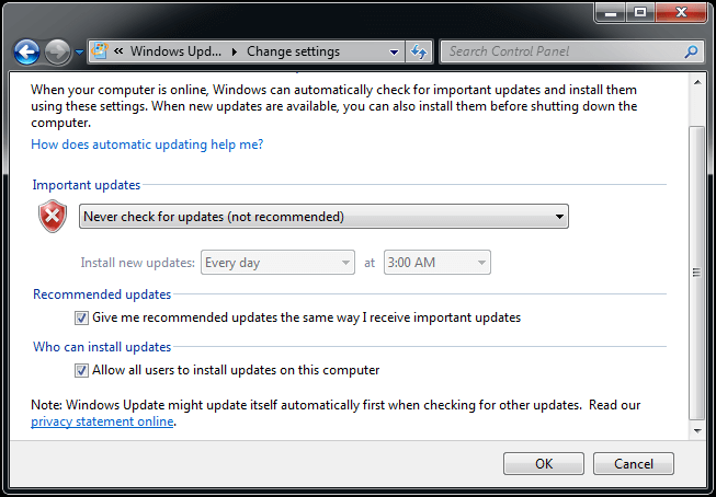 never check for update