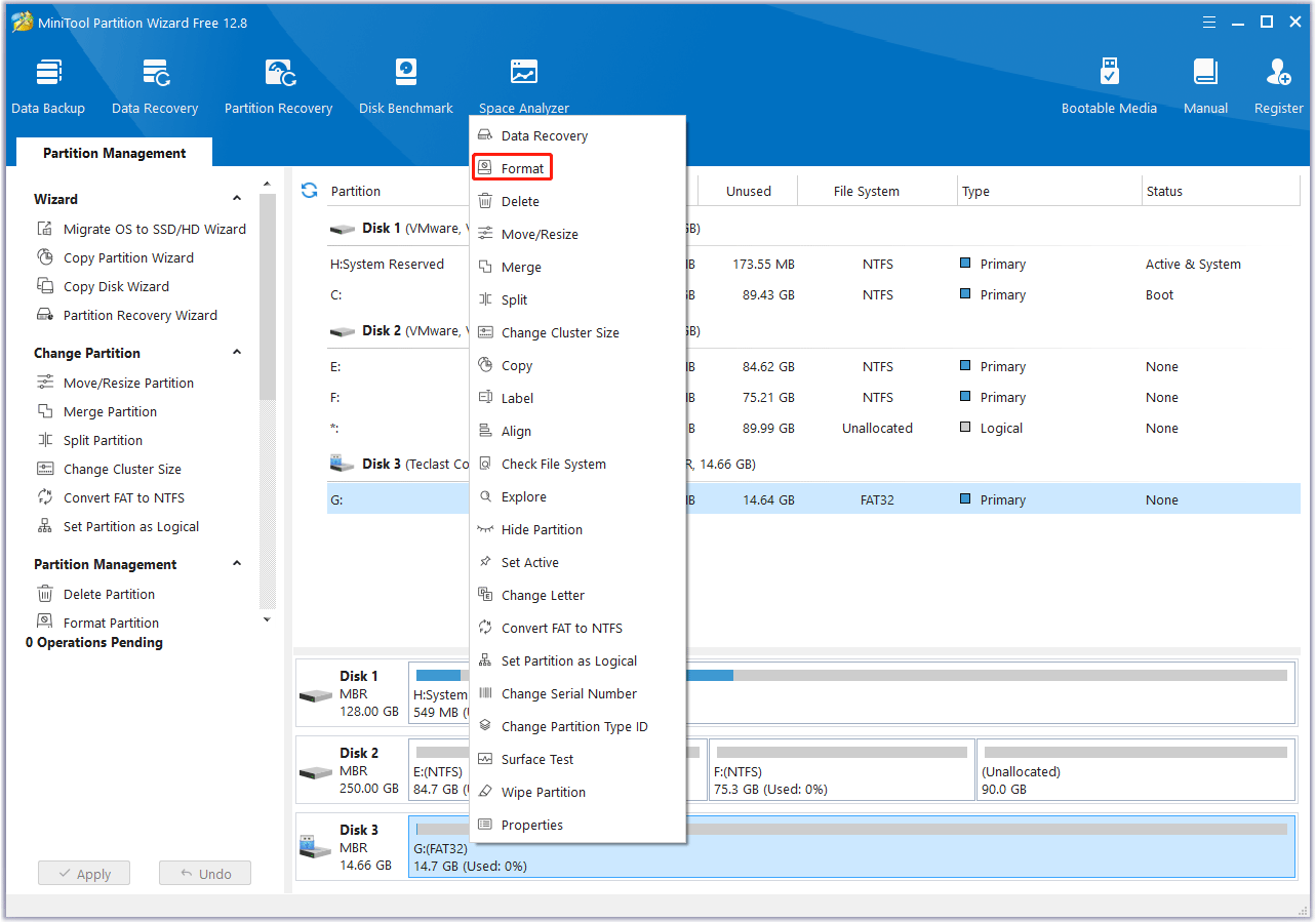 choose the Format feature MiniTool Partition Wizard