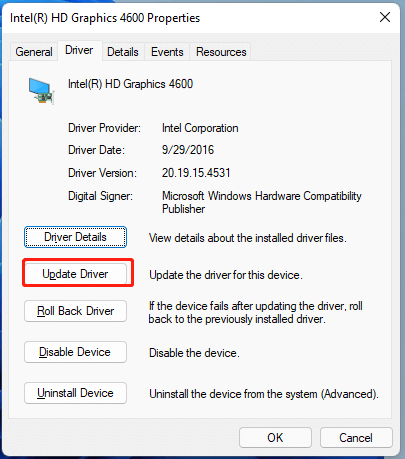 update graphics driver in its properties
