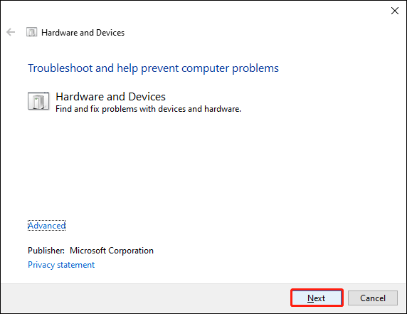 run Hardware & Devices troubleshooter