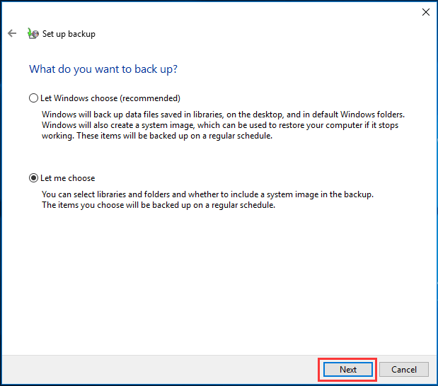 choose backup option and click Next to continue