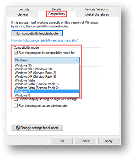 choose to run the program in compatibility mode