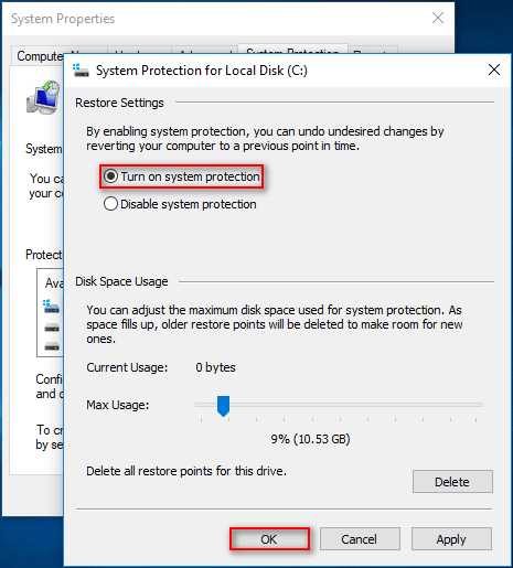 Turn on system protection