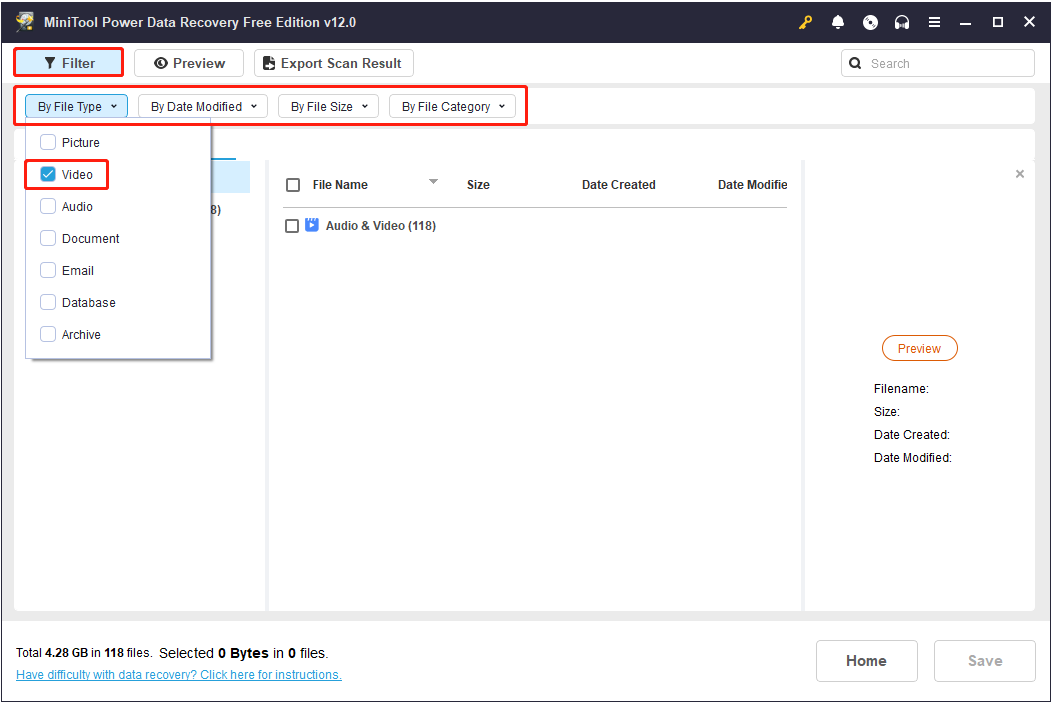 use the Filter feature to filter all video files