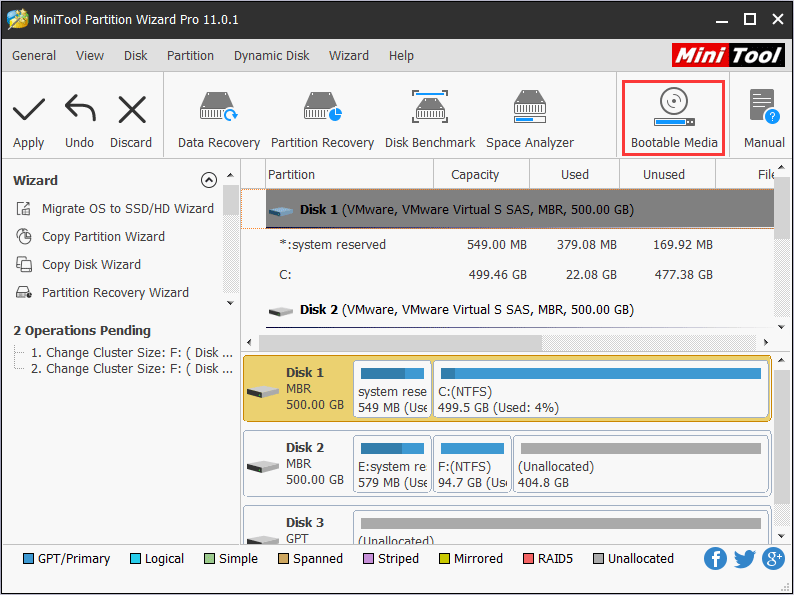 click bootable media on the toolbar