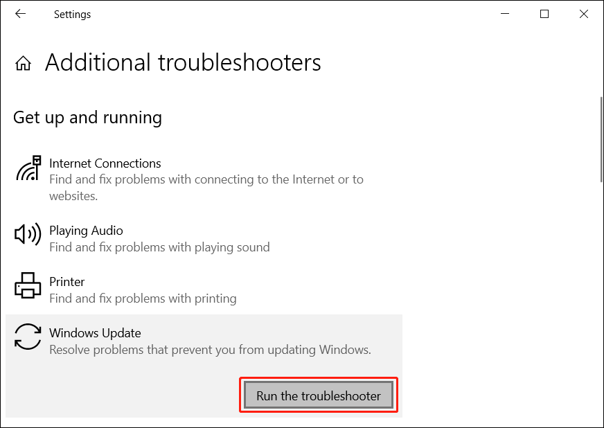 run the Windows Update troubleshooter