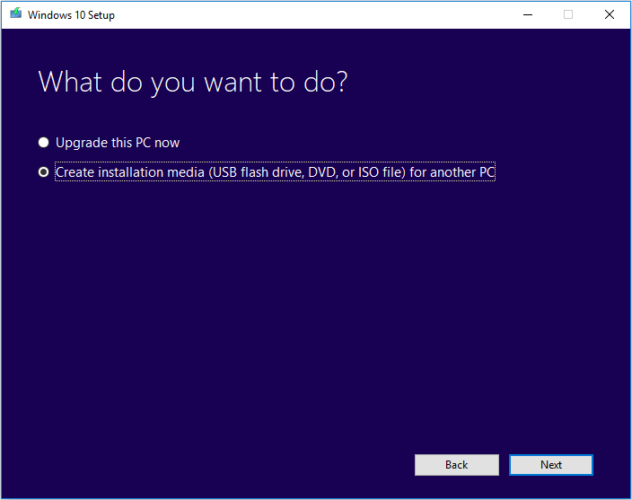 elija crear medios de instalación (unidad flash USB, DVD o archivo ISO