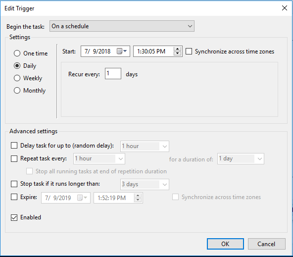 change triggers and click OK to continue