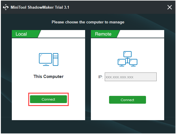 choose Local and click Connect to continue