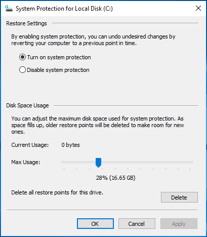 check Turn on system protection and click OK to continue