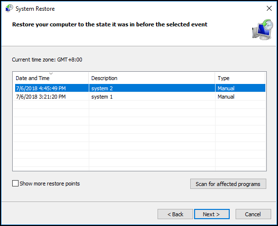 choose a system restore point and click Next to continue