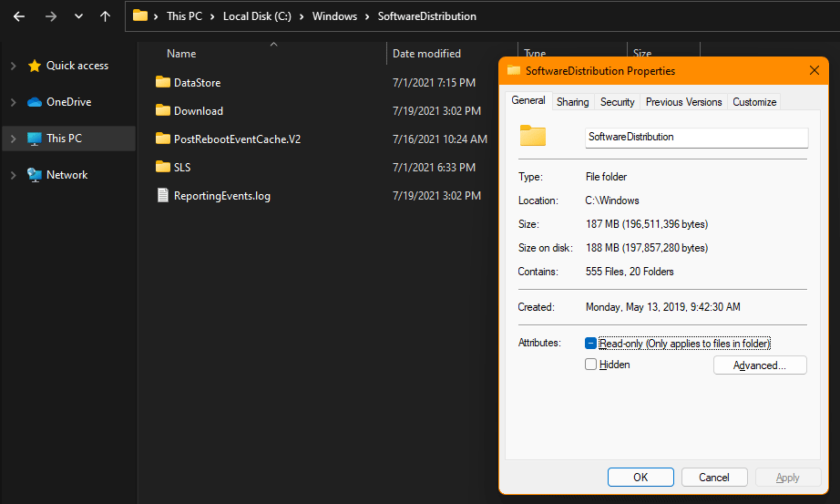 the size of the SoftwareDistribution folder