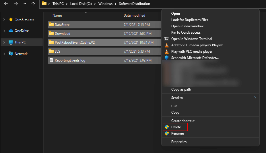 delete files and folders in the SoftwareDistribution folder
