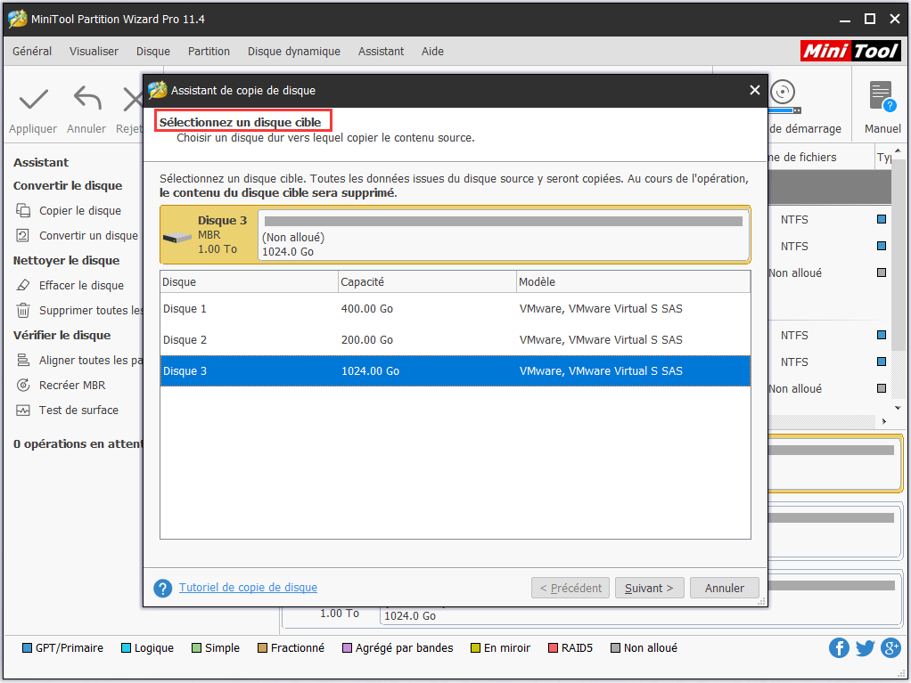sélectionnez le disque cible pour enregistrer des copies