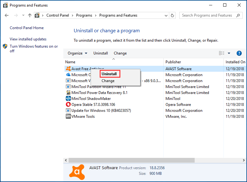 uninstall third-party antivirus program