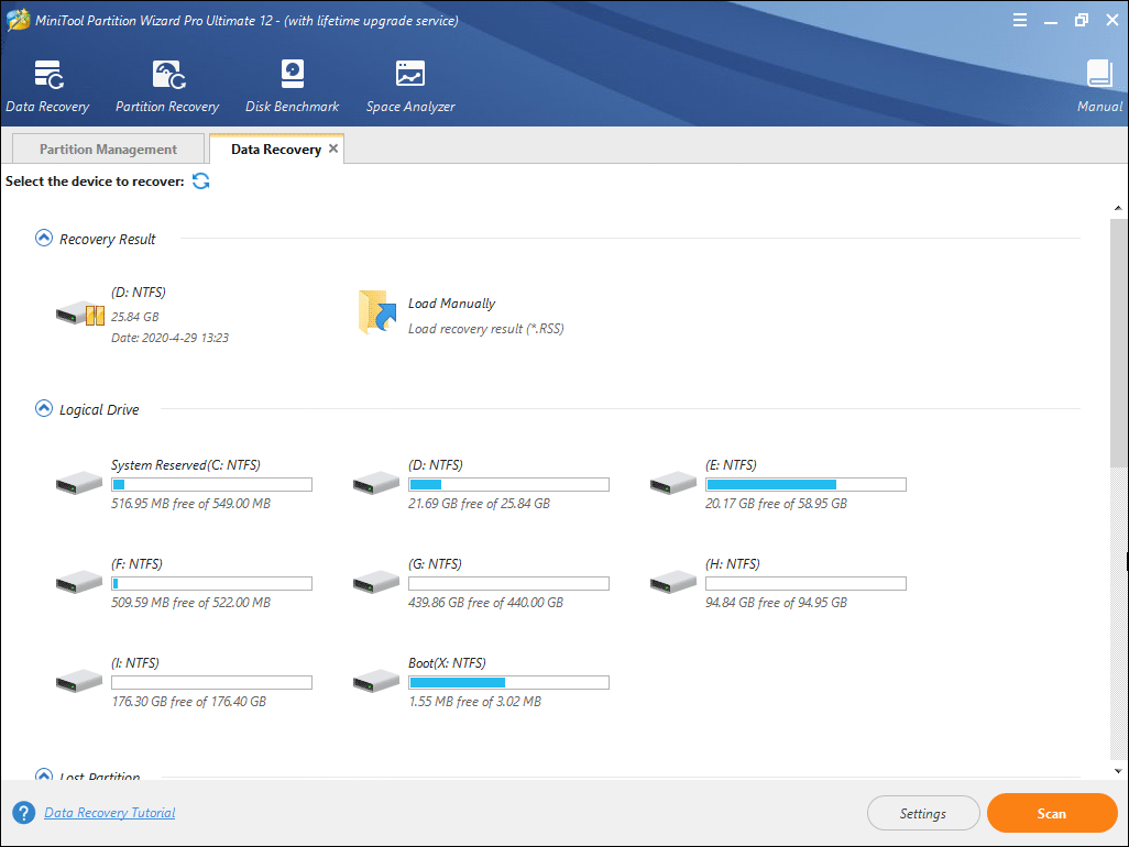 la interfaz principal de Data Recovery
