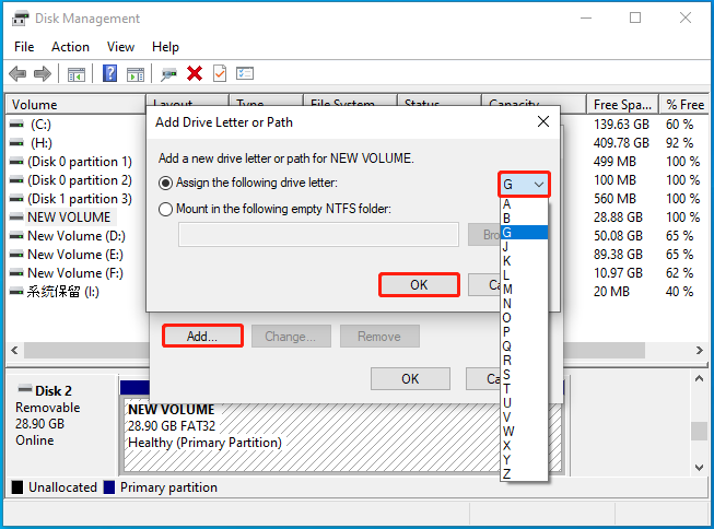 Add drive letter using Disk Management