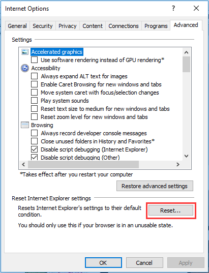 reset Internet Explorer