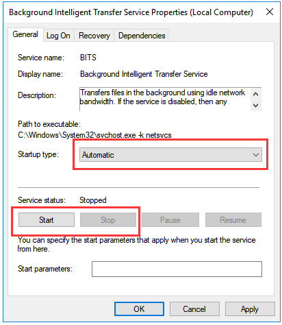 set the Startup type as Automatic and click OK